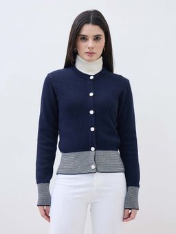 ELLE - Women Navy Blue Textured Crew Neck Cardigan