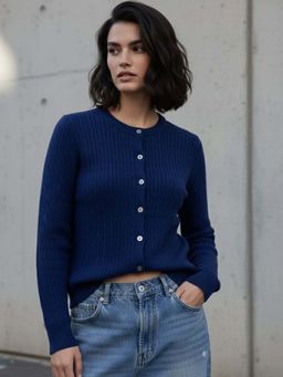 Outzidr - Navy Blue Full Sleeve Front Buttoned Cardigan