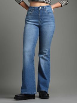 Flying Machine - Women Blue Cotton Solid Flared Jeans