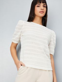 max - Women Off White Knit Self Design Top