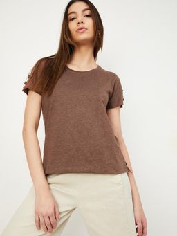 max - Women Brown Slit Sleeves Top With Button Details
