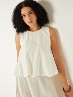 max - Women Off White Crinkled Bubble Hem Top