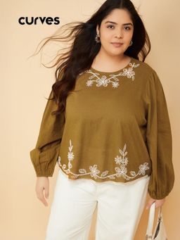 max - Women Green Embroidered Top