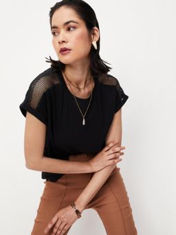 max - Women Black Lace Panel Extended Sleeve Top