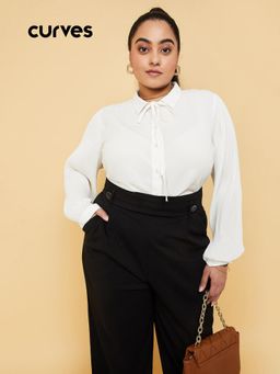 max - Women White Solid Tie-Up Neck Shirt