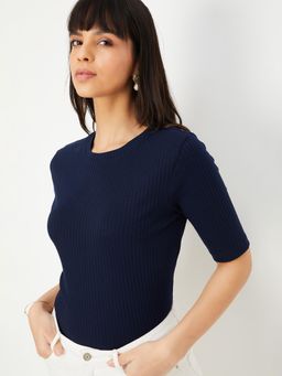max - Women Navy Blue Ribbed Top