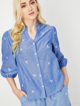 max - Women Blue Embroidered Frill Collar Shirt
