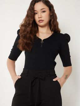 max - Women Black Solid Ribbed Top