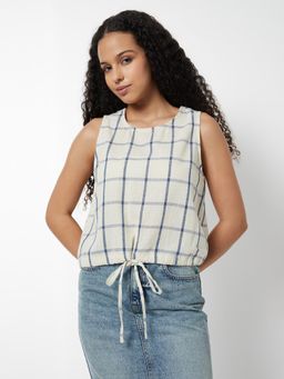max - Women Off White Checks Yarn Dyed Top