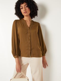 max - Women Brown Crinkled Satin Finish Blouse