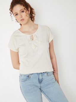 max - Women Beige Embroidered Top