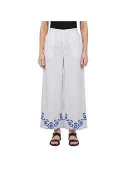 R&B - White Floral Embroidered Women Wide Leg Trousers