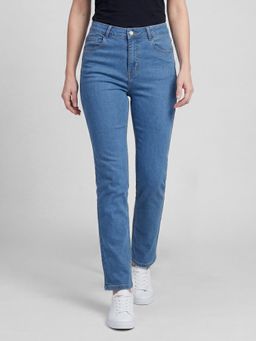 R&B - Blue Solid Women Mid-Rise Straight Fit Jeans