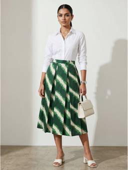 Aask - Green Fine Cotton Printed Green Color Pleated Midi Skirt
