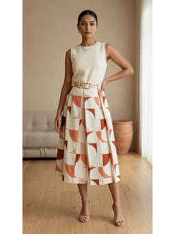 Aask - Orange Fine Cotton Printed Orange Color Pleated Midi Skirt
