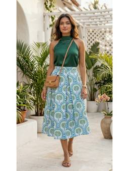 Aask - Blue Fine Cotton Printed Blue Color Pleated Midi Skirt