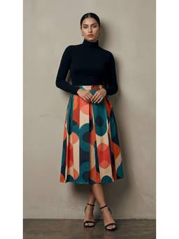 Aask - Teal Women Fine Cotton Printed Teal Color Pleated Midi Skirt