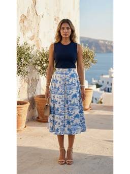 Aask - Blue Women's Fine Cotton Printed Blue Color Pleated Midi Skirt