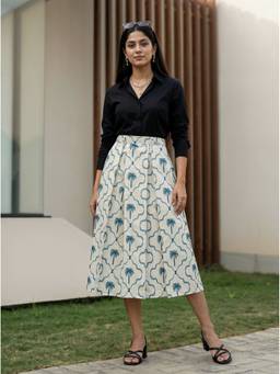 Aask - Off White Fine Cotton Printed Off White Color Pleated Midi Skirt