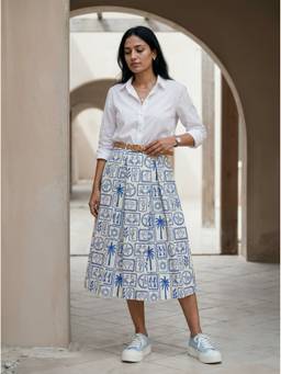 Aask - Off White Women's Fine Cotton Printed Off White Color Pleated Midi Skirt