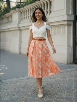 Aask - Orange Women Fine Cotton Printed Orange Color Pleated Midi Skirt