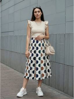 Aask - Multi-Color Women Fine Cotton Printed Multi Color Pleated Midi Skirt