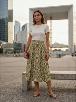 Aask - Green Women Fine Cotton Printed Green Color Pleated Midi Skirt