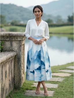 Aask - Blue Women Fine Cotton Printed Blue Color Pleated Midi Skirt