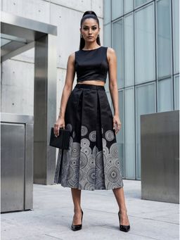 Aask - Black Fine Cotton Printed Black Color Pleated Midi Skirt