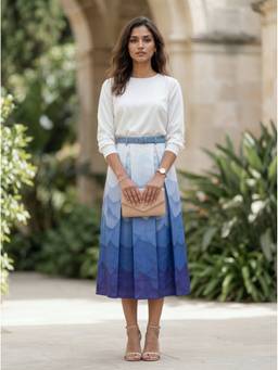 Aask - Navy Blue Fine Cotton Printed Navy Blue Color Pleated Midi Skirt