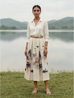 Aask - Beige Women Fine Cotton Printed Beige Color Pleated Midi Skirt