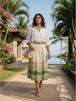 Aask - Off White Women Fine Cotton Printed Off White Color Pleated Midi Skirt