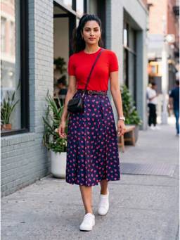 Aask - Navy Blue Women Fine Cotton Printed Navy Blue Color Pleated Midi Skirt