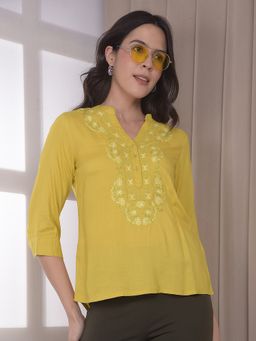 CRIMSOUNE CLUB - Women's Mustard Embroidered Top