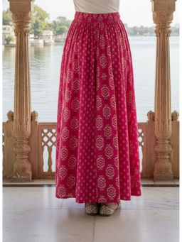 Aask - Pink Women Pink and Off-White Block Print Cotton Flared Maxi Skirt with Tie-Up Waist