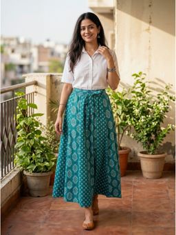 Aask - Teal Women Teal and Off-White Printed Maxi Cotton Skirt with Tie-Up Waist
