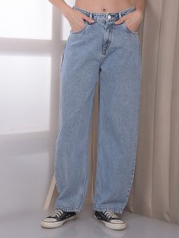 CRIMSOUNE CLUB - Women's Blue Cotton Barrel Fit Jeans