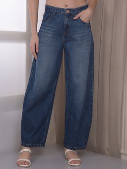 CRIMSOUNE CLUB - Women's Blue Cotton Barrel Fit Jeans
