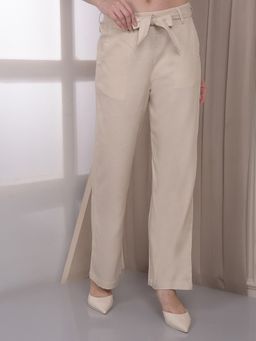 CRIMSOUNE CLUB - Women's Beige Wide Leg Casual Trousers With Belt