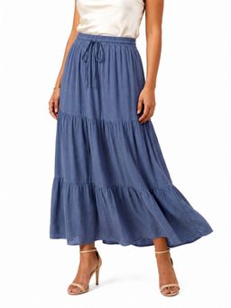 Moomaya - Blue Women's Linen Blend Tiered Maxi Skirt