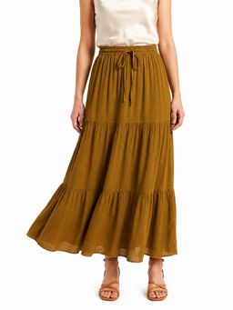 Moomaya - Mustard Women's Linen Blend Tiered Maxi Skirt