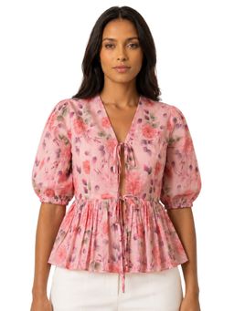 Moomaya - Pink Women's Printed Poplin Peplum Top