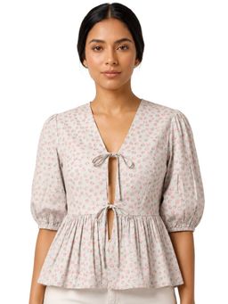 Moomaya - Green Women's Printed Poplin Peplum Top