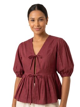 Moomaya - Maroon Women's Cotton Poplin Peplum Top