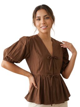 Moomaya - Brown Women's Cotton Poplin Peplum Top