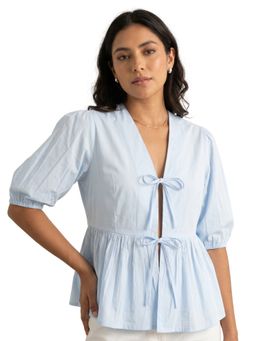 Moomaya - Blue Women's Cotton Poplin Peplum Top
