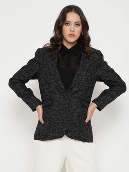 Beatnik - Black One Button Notched Collar Full Sleeve Blazer
