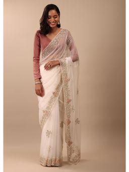 KALKI FASHION - Snow Off White Saree In Organza & 3D Floral Embroidery with Unstitched Blouse