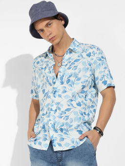 Campus Sutra - Mens Artistic Foliage Print Button Up Shirt