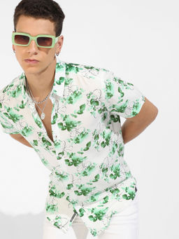 Campus Sutra - Mens Green and White Botanical Strokes Shirt